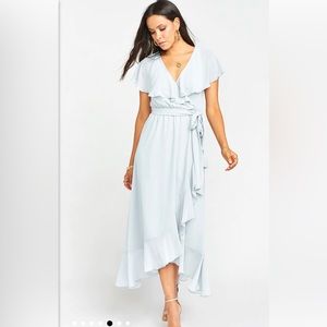 Brand New- show me your Mumu bridesmaid gown. Jess ruffle gown -icy blue -S